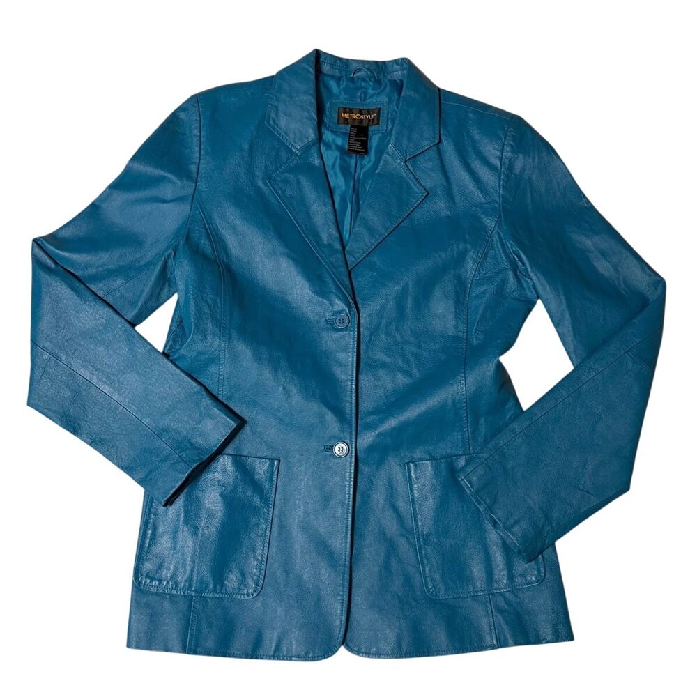 Y2K Retro Metro Style Genuine Leather Blue Button Up Jacket Blazer 14 Tall
